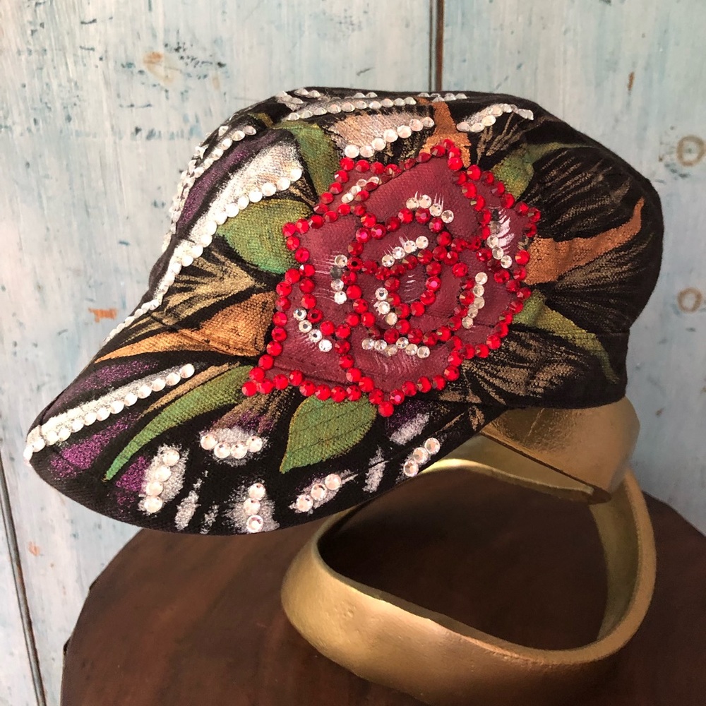 Trucker hat embellished with metallic paint, crystals, and beads - adjustable - Picture 7 of 15